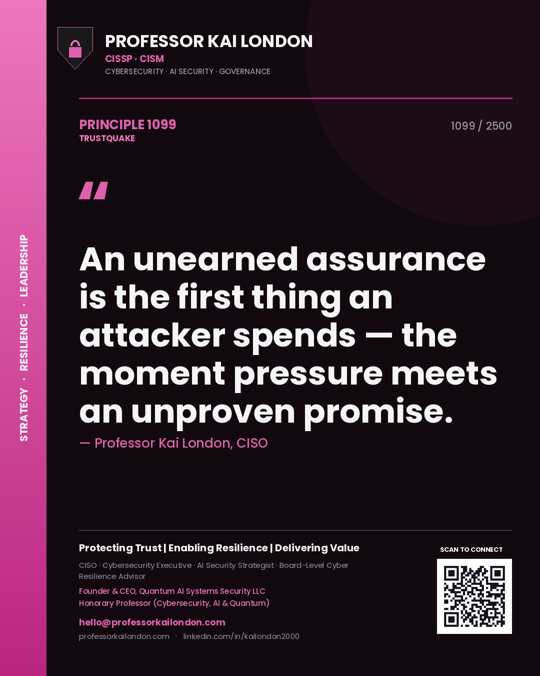 Quote card by Professor Kai London reading 'An unearned assurance is the first thing an attacker spends — the moment pressure meets an unproven promise.'. From the book Trustquake.