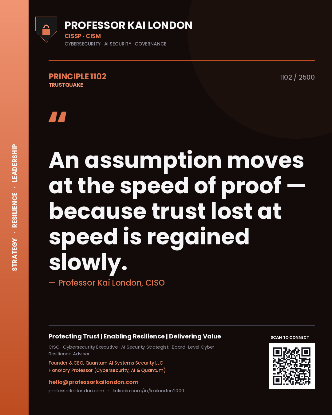 Quote card by Professor Kai London reading 'An assumption moves at the speed of proof — because trust lost at speed is regained slowly.'. From the book Trustquake.