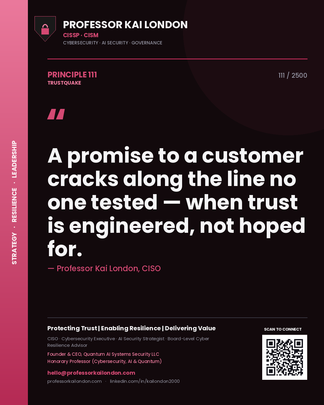 Quote card by Professor Kai London reading 'A promise to a customer cracks along the line no one tested — when trust is engineered, not hoped for.'. From the book Trustquake.