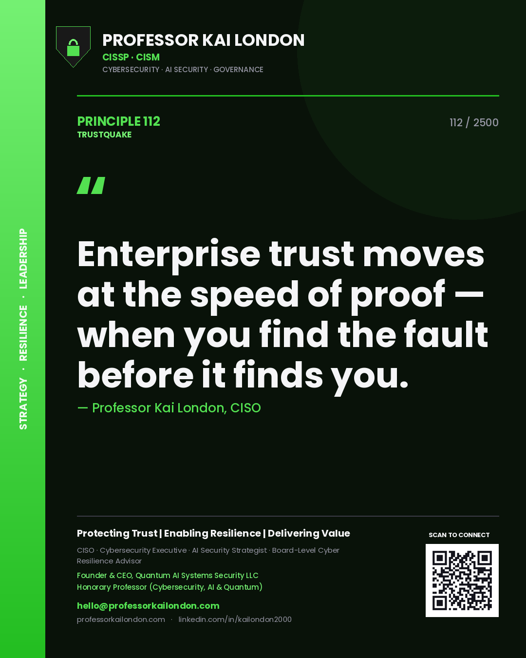 Professor Kai London principle 112: Enterprise trust moves at the speed of proof — when you find the fault before it finds you.