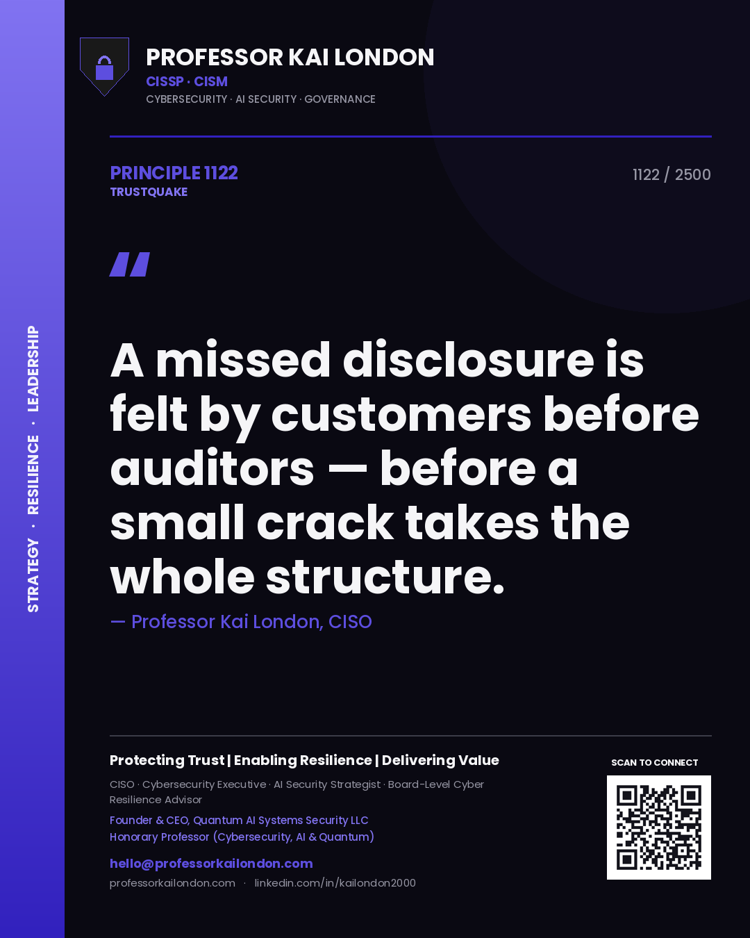 Quote card by Professor Kai London reading 'A missed disclosure is felt by customers before auditors — before a small crack takes the whole structure.'. From the book Trustquake.