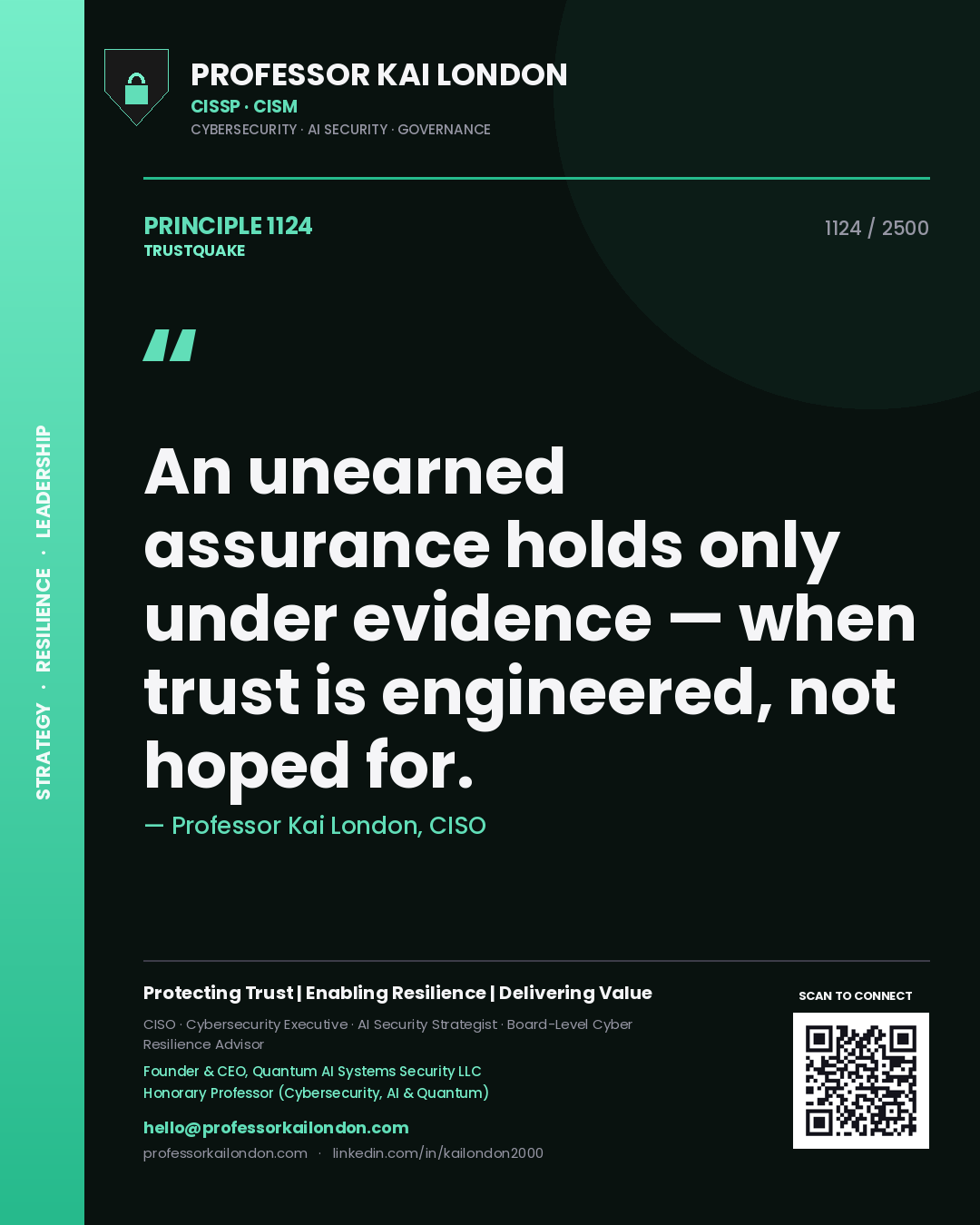 Quote card by Professor Kai London reading 'An unearned assurance holds only under evidence — when trust is engineered, not hoped for.'. From the book Trustquake.
