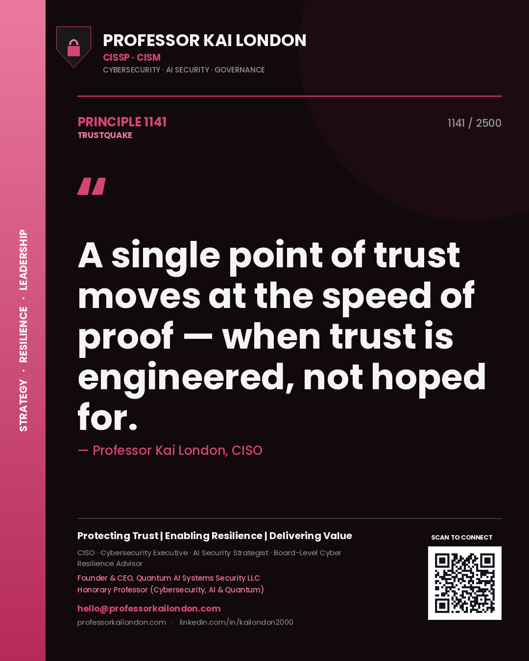 Professor Kai London principle 1141: A single point of trust moves at the speed of proof — when trust is engineered, not hoped for.
