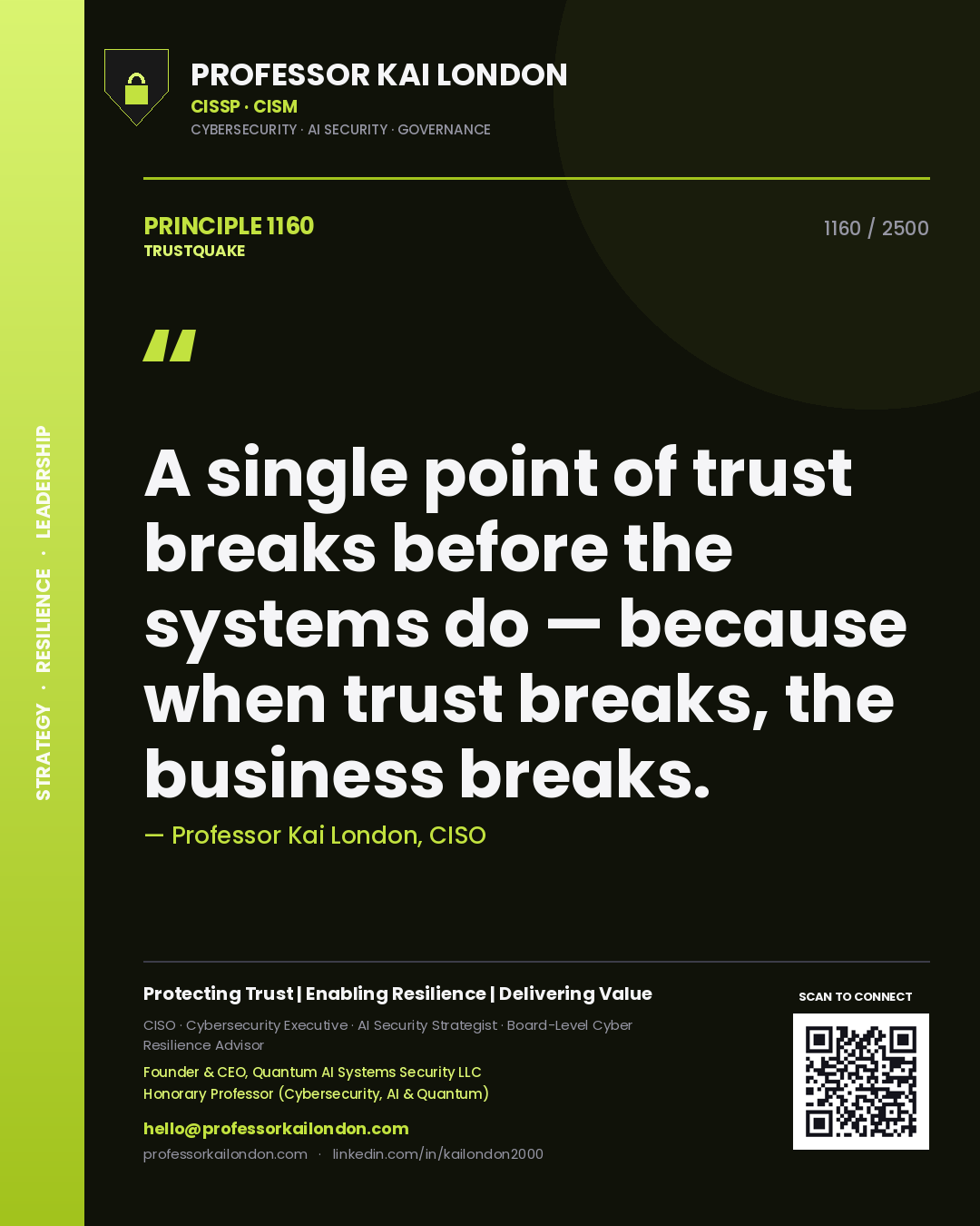 Quote card by Professor Kai London reading 'A single point of trust breaks before the systems do — because when trust breaks, the business breaks.'. From the book Trustquake.