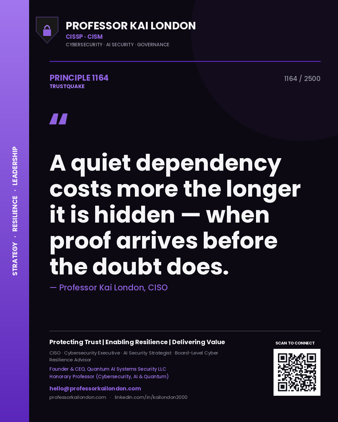 Quote card by Professor Kai London reading 'A quiet dependency costs more the longer it is hidden — when proof arrives before the doubt does.'. From the book Trustquake.