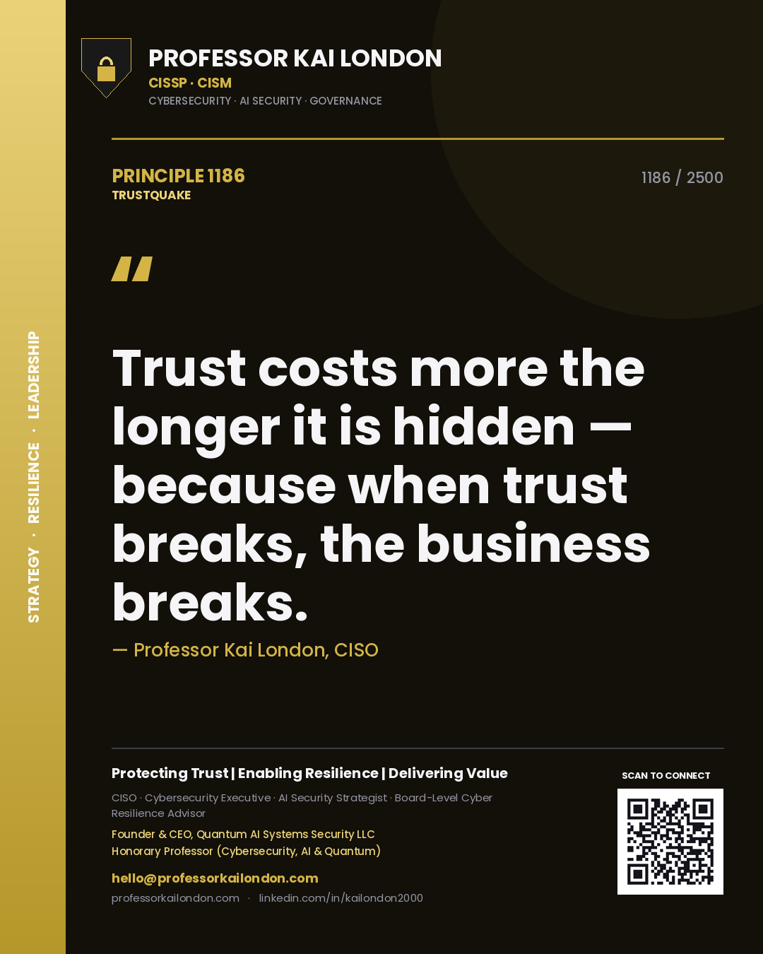 Quote card by Professor Kai London reading 'Trust costs more the longer it is hidden — because when trust breaks, the business breaks.'. From the book Trustquake.