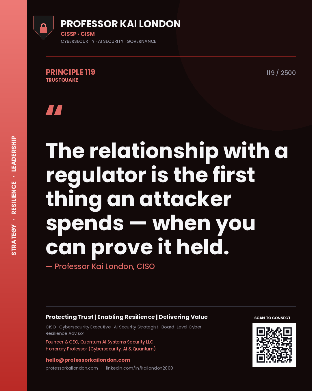 Professor Kai London principle 119: The relationship with a regulator is the first thing an attacker spends — when you can prove it held.