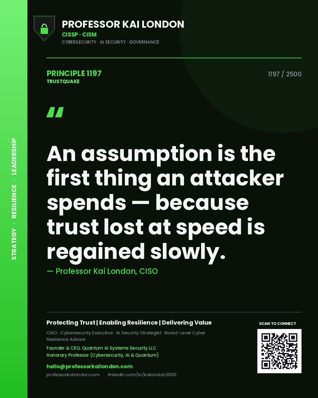 Quote card by Professor Kai London reading 'An assumption is the first thing an attacker spends — because trust lost at speed is regained slowly.'. From the book Trustquake.