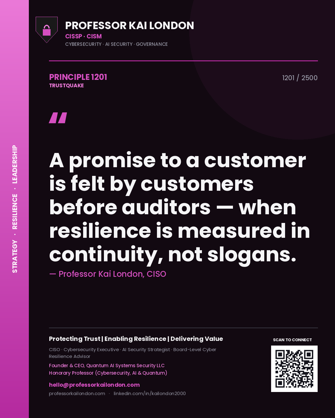 Professor Kai London principle 1201: A promise to a customer is felt by customers before auditors — when resilience is measured in continuity, not slogans.