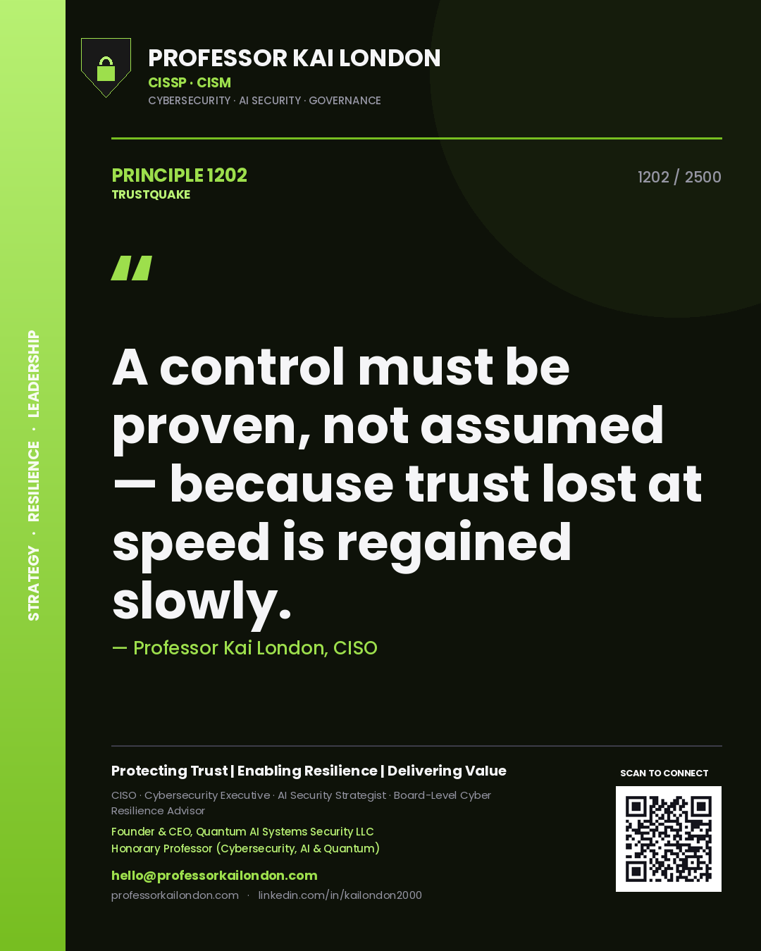 Quote card by Professor Kai London reading 'A control must be proven, not assumed — because trust lost at speed is regained slowly.'. From the book Trustquake.