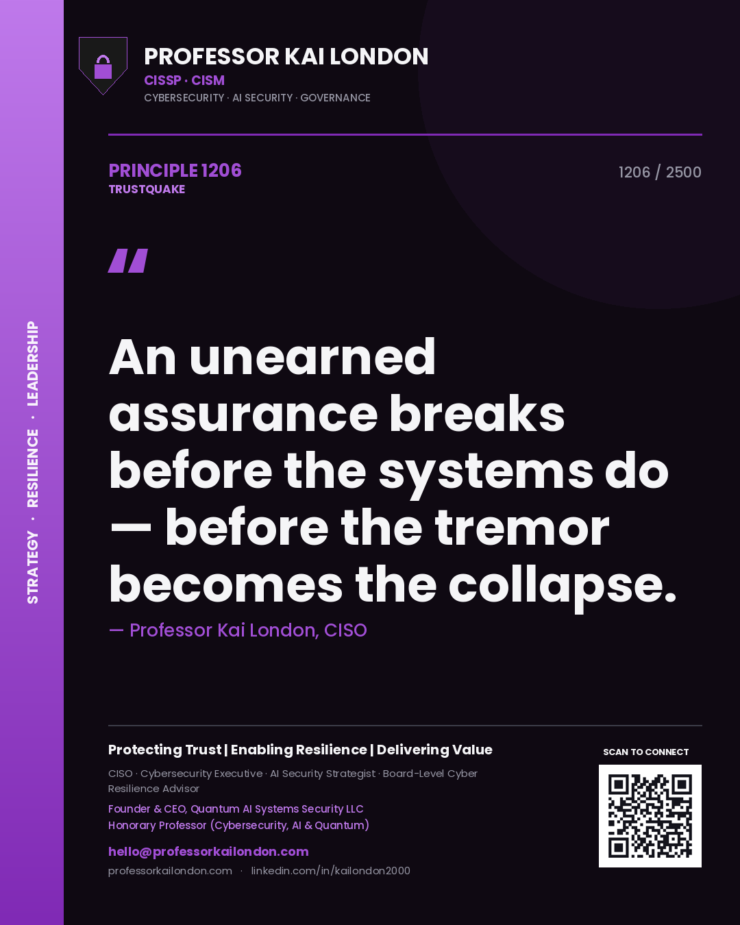 Quote card by Professor Kai London reading 'An unearned assurance breaks before the systems do — before the tremor becomes the collapse.'. From the book Trustquake.