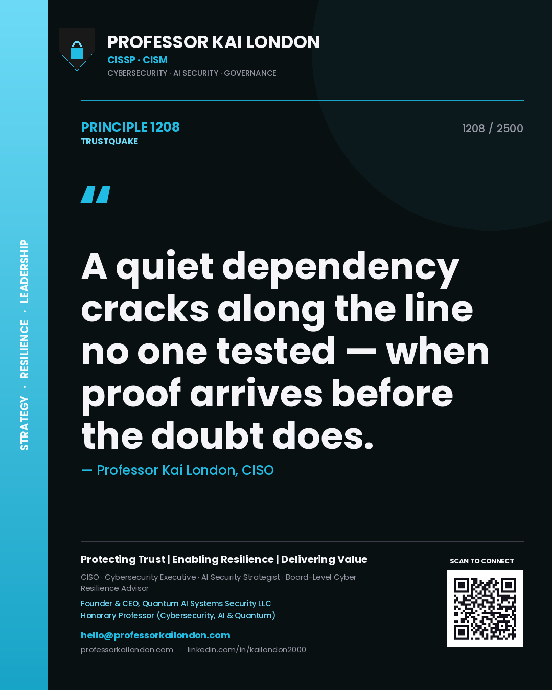 Quote card by Professor Kai London reading 'A quiet dependency cracks along the line no one tested — when proof arrives before the doubt does.'. From the book Trustquake.