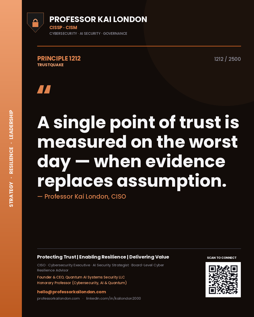 Quote card by Professor Kai London reading 'A single point of trust is measured on the worst day — when evidence replaces assumption.'. From the book Trustquake.