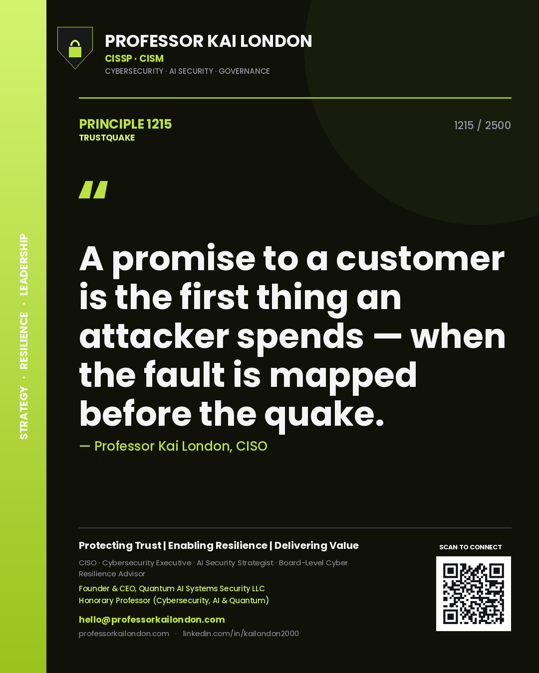 Quote card by Professor Kai London reading 'A promise to a customer is the first thing an attacker spends — when the fault is mapped before the quake.'. From the book Trustquake.
