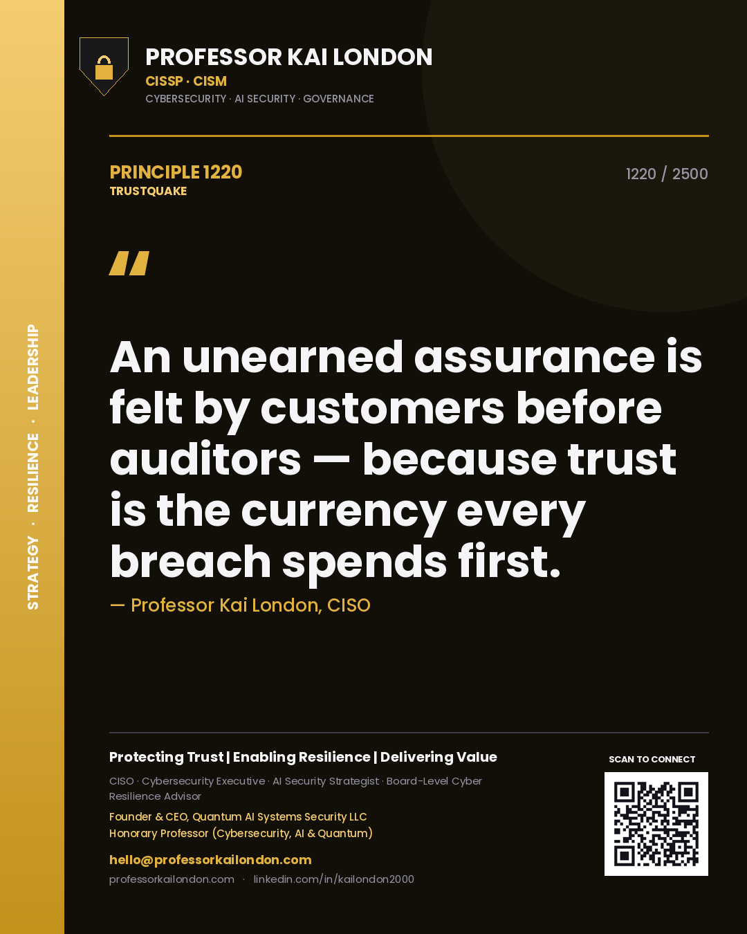 Quote card by Professor Kai London reading 'An unearned assurance is felt by customers before auditors — because trust is the currency every breach spends first.'. From the book Trustquake.
