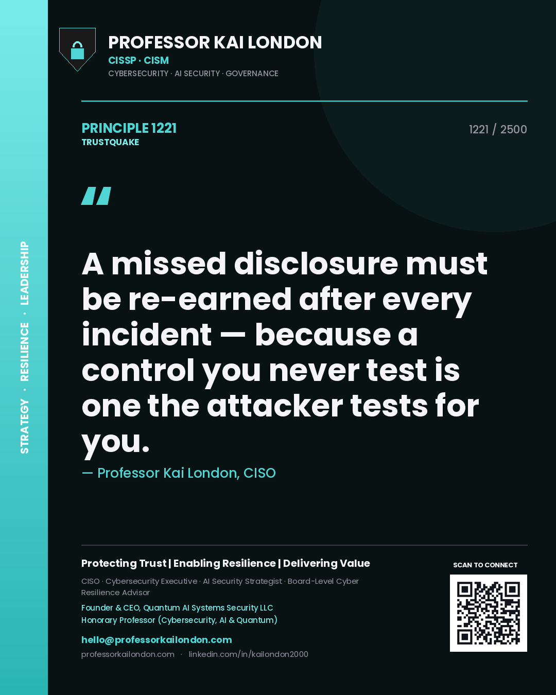 Quote card by Professor Kai London reading 'A missed disclosure must be re-earned after every incident — because a control you never test is one the attacker tests for you.'. From the book Trustquake.