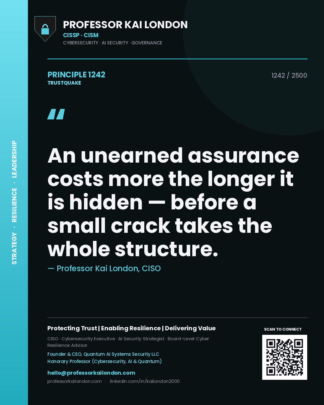 Quote card by Professor Kai London reading 'An unearned assurance costs more the longer it is hidden — before a small crack takes the whole structure.'. From the book Trustquake.