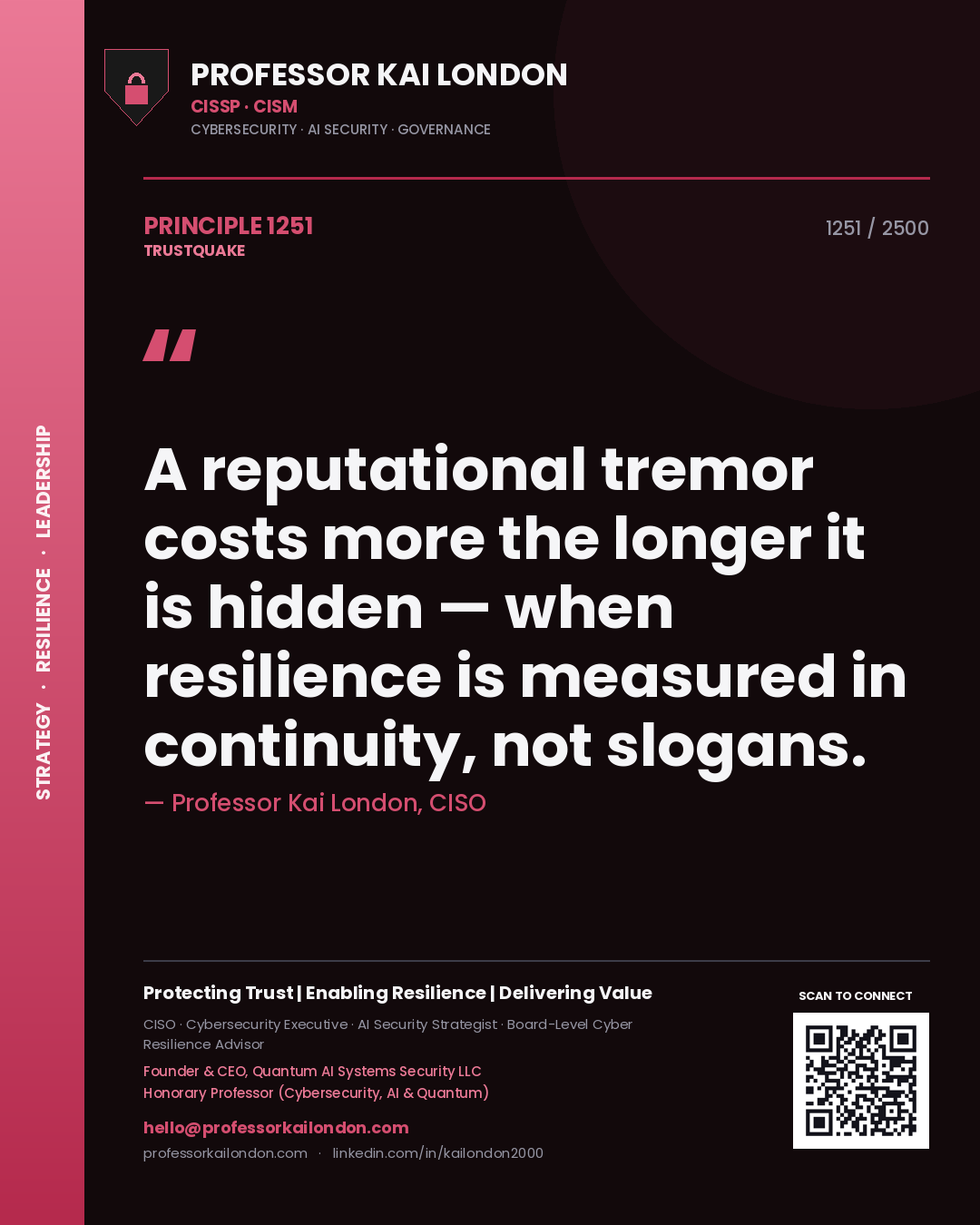 Quote card by Professor Kai London reading 'A reputational tremor costs more the longer it is hidden — when resilience is measured in continuity, not slogans.'. From the book Trustquake.