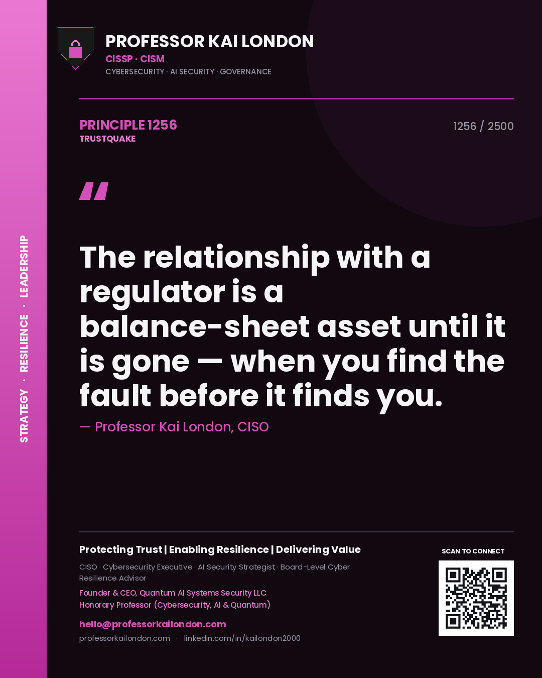 Quote card by Professor Kai London reading 'The relationship with a regulator is a balance-sheet asset until it is gone — when you find the fault before it finds you.'. From the book Trustquake.