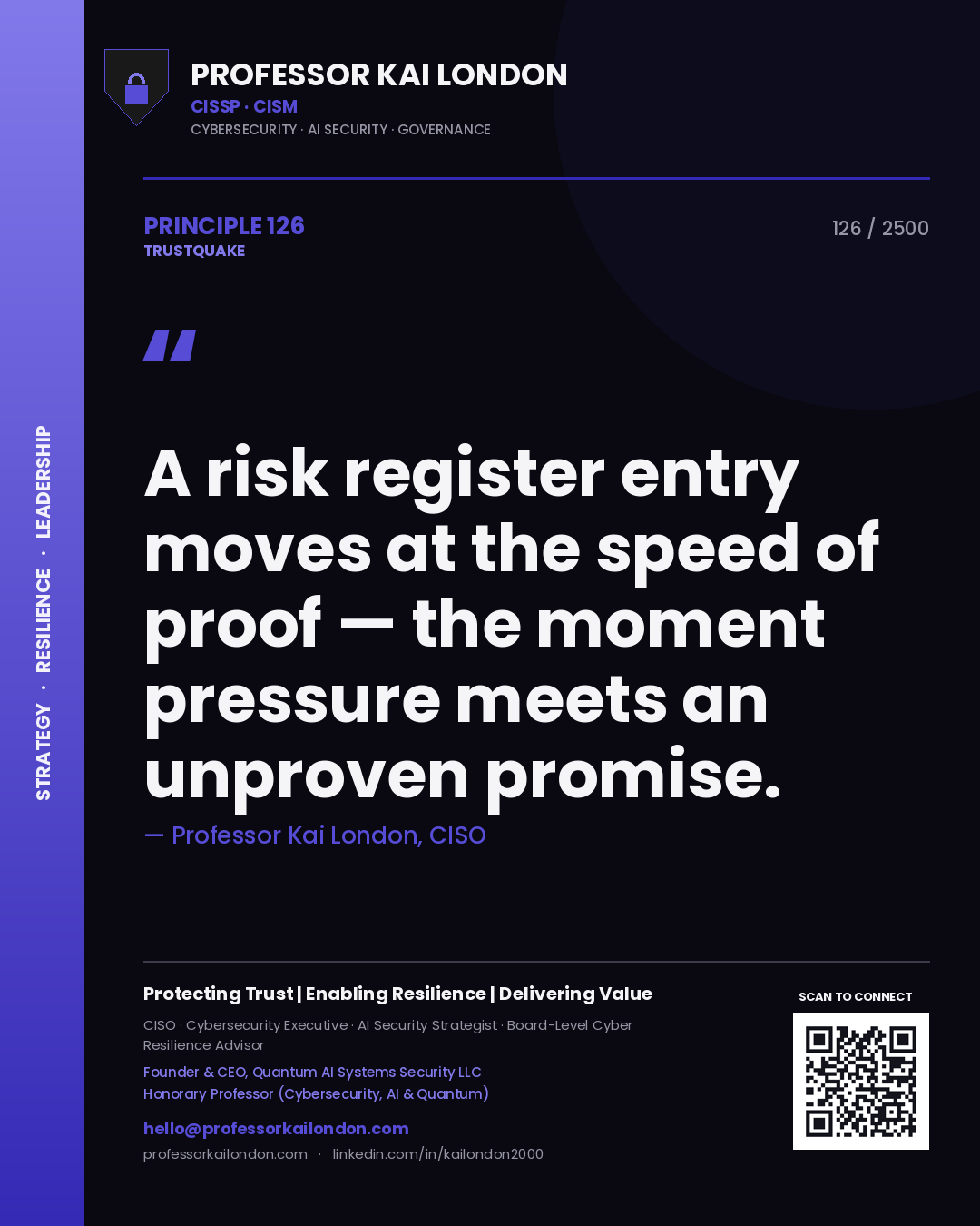 Professor Kai London principle 126: A risk register entry moves at the speed of proof — the moment pressure meets an unproven promise.