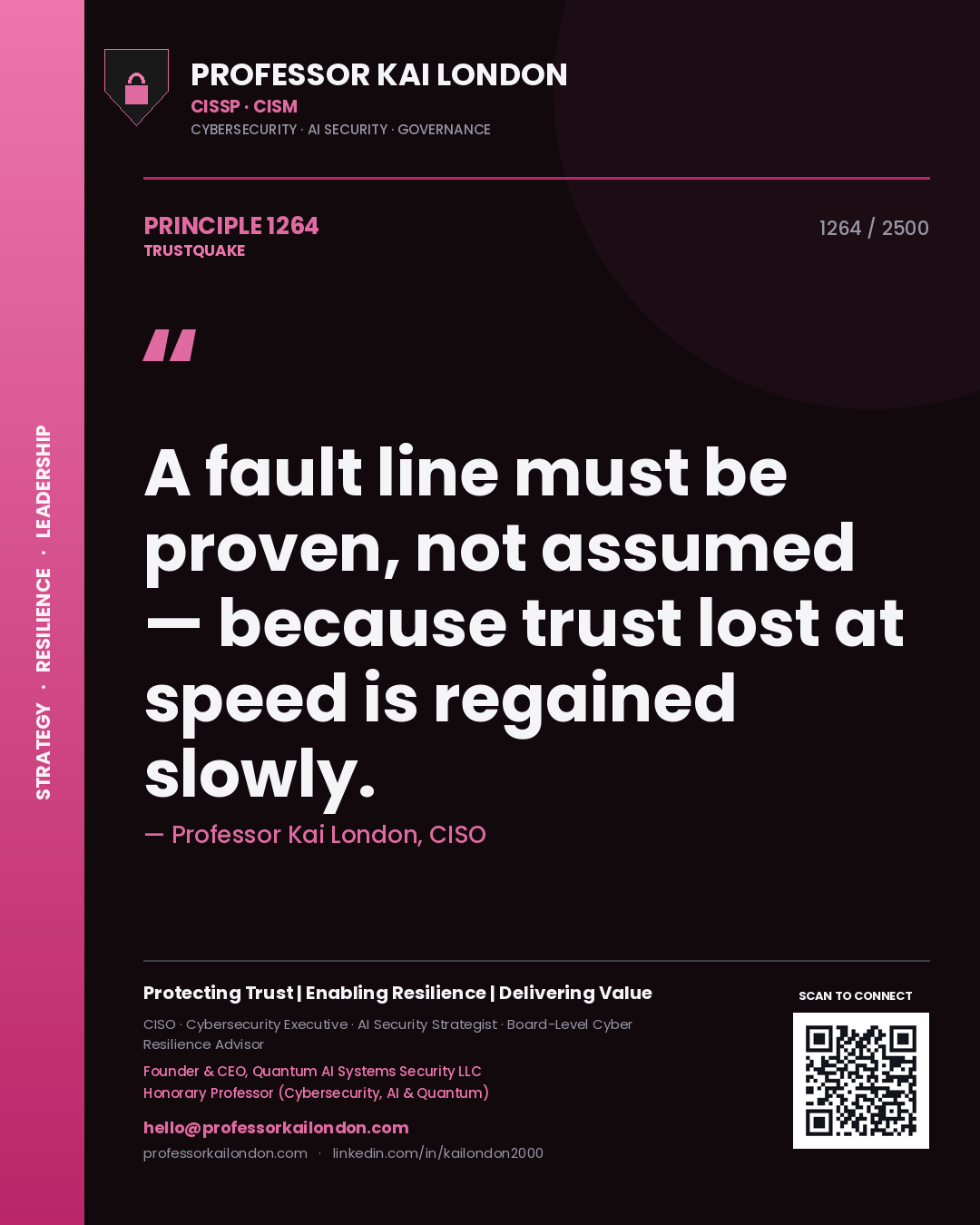Professor Kai London principle 1264: A fault line must be proven, not assumed — because trust lost at speed is regained slowly.