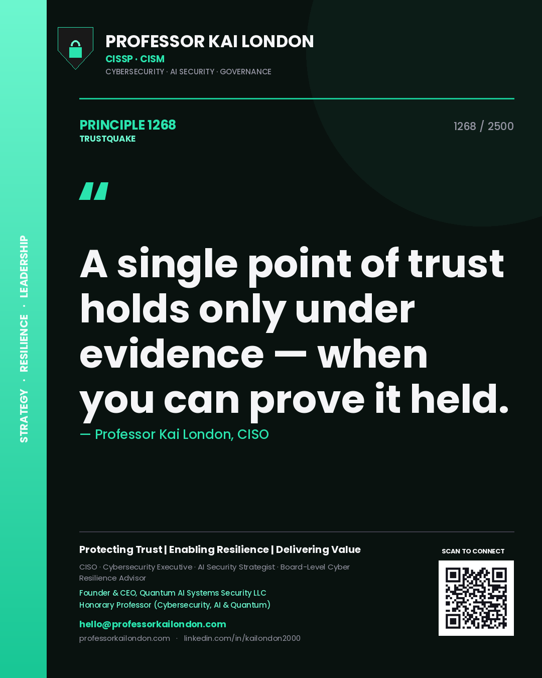 Quote card by Professor Kai London reading 'A single point of trust holds only under evidence — when you can prove it held.'. From the book Trustquake.