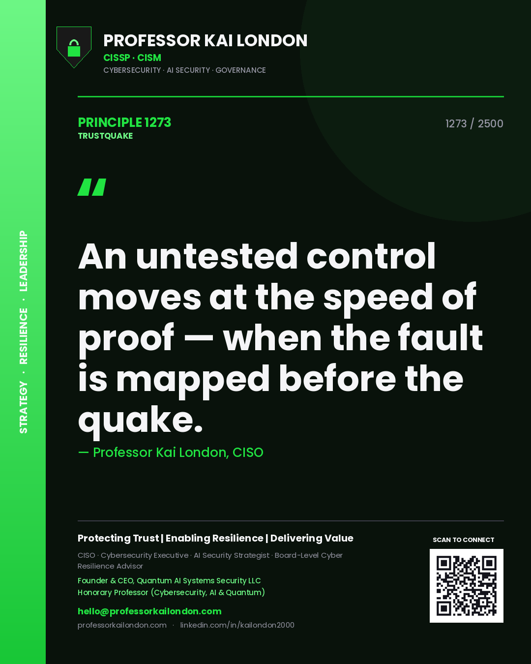 Quote card by Professor Kai London reading 'An untested control moves at the speed of proof — when the fault is mapped before the quake.'. From the book Trustquake.
