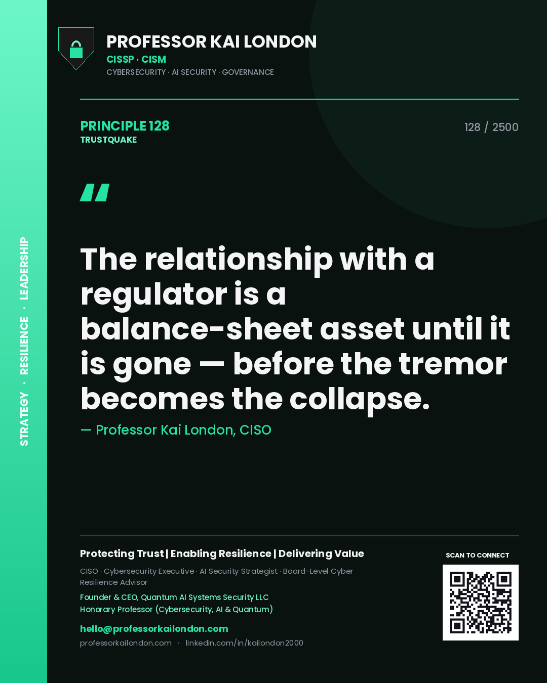 Professor Kai London principle 128: The relationship with a regulator is a balance-sheet asset until it is gone — before the tremor becomes the collapse.