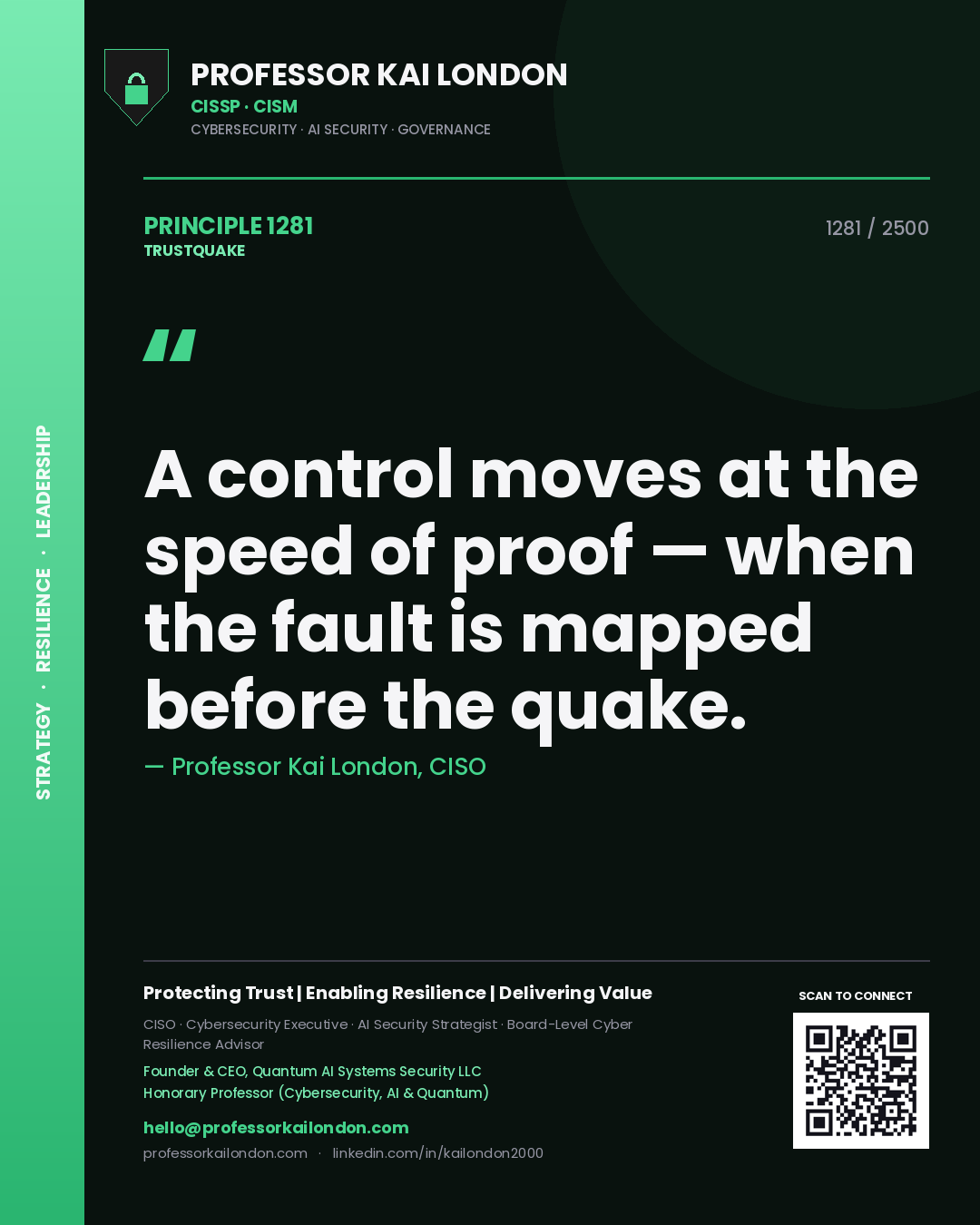 Quote card by Professor Kai London reading 'A control moves at the speed of proof — when the fault is mapped before the quake.'. From the book Trustquake.