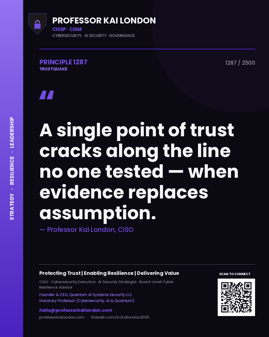 Quote card by Professor Kai London reading 'A single point of trust cracks along the line no one tested — when evidence replaces assumption.'. From the book Trustquake.