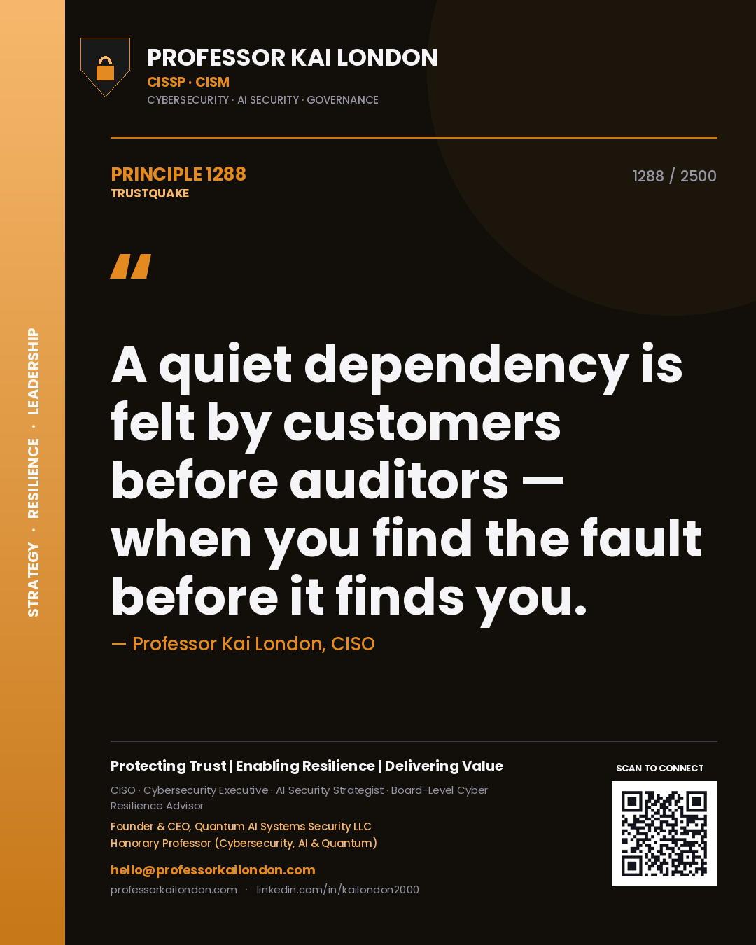 Quote card by Professor Kai London reading 'A quiet dependency is felt by customers before auditors — when you find the fault before it finds you.'. From the book Trustquake.