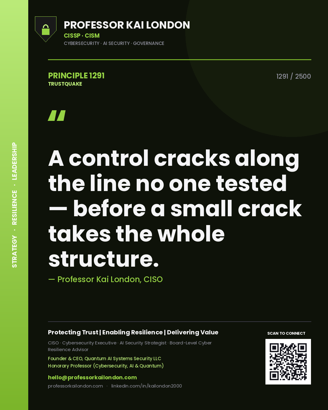 Quote card by Professor Kai London reading 'A control cracks along the line no one tested — before a small crack takes the whole structure.'. From the book Trustquake.