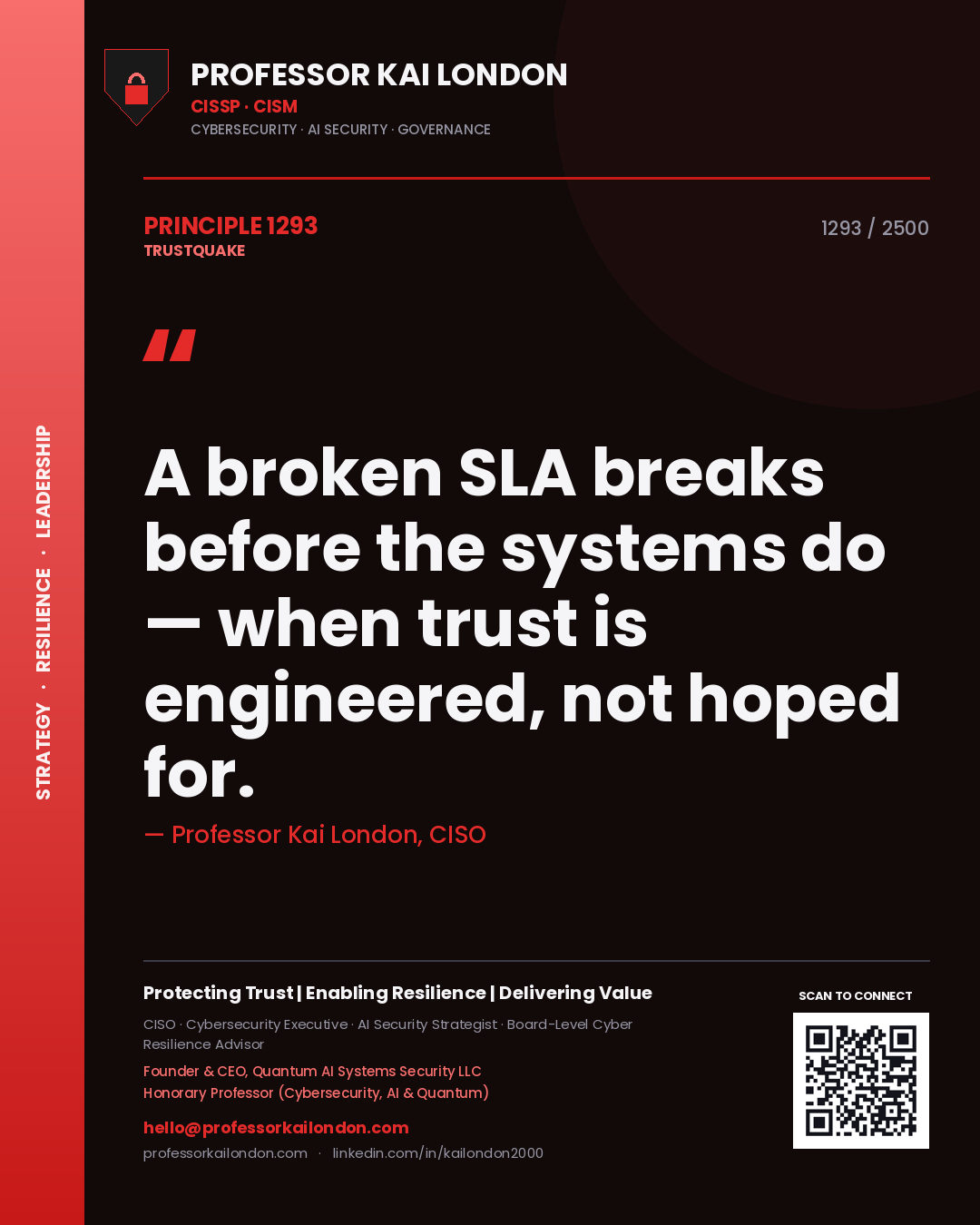Quote card by Professor Kai London reading 'A broken SLA breaks before the systems do — when trust is engineered, not hoped for.'. From the book Trustquake.