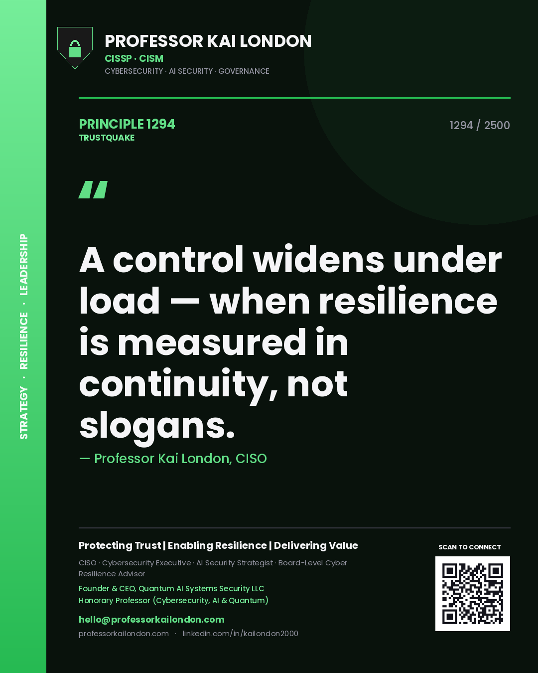 Quote card by Professor Kai London reading 'A control widens under load — when resilience is measured in continuity, not slogans.'. From the book Trustquake.