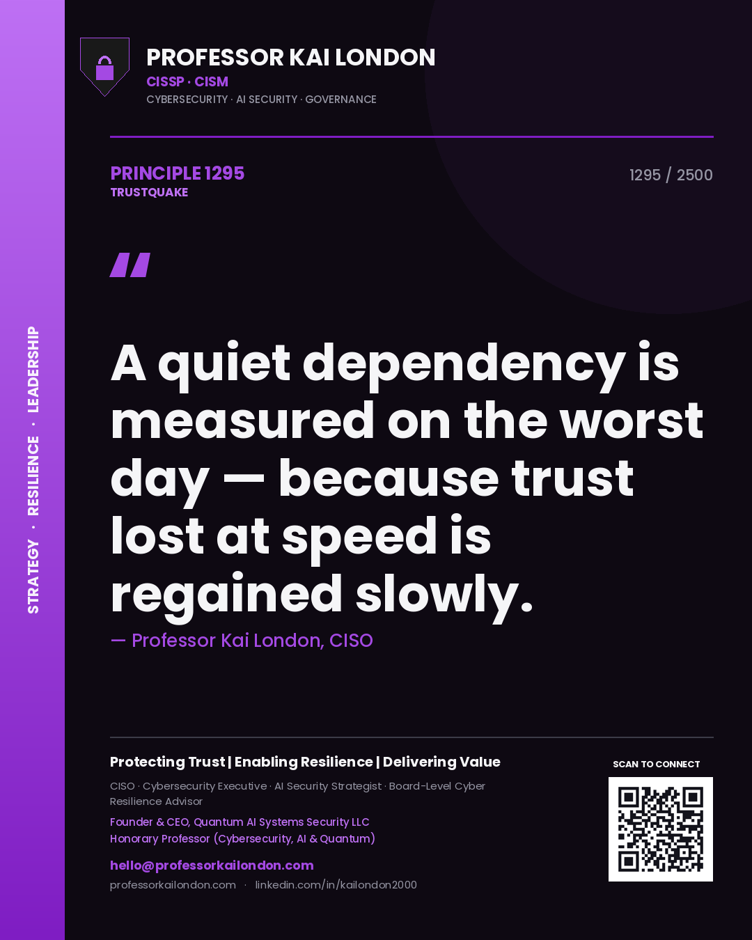 Professor Kai London principle 1295: A quiet dependency is measured on the worst day — because trust lost at speed is regained slowly.