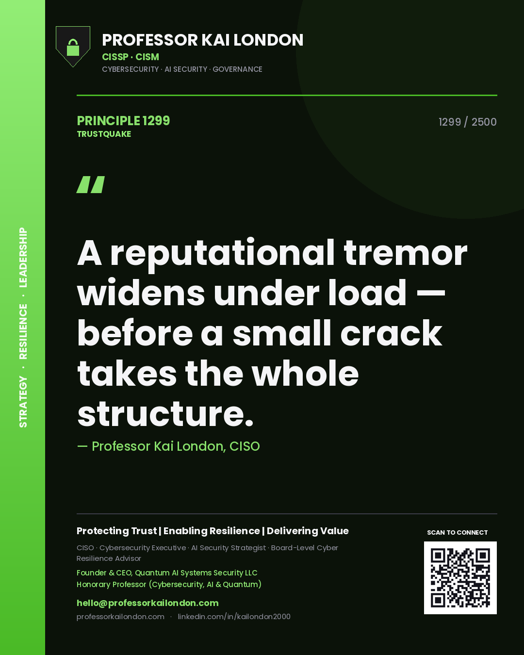 Quote card by Professor Kai London reading 'A reputational tremor widens under load — before a small crack takes the whole structure.'. From the book Trustquake.