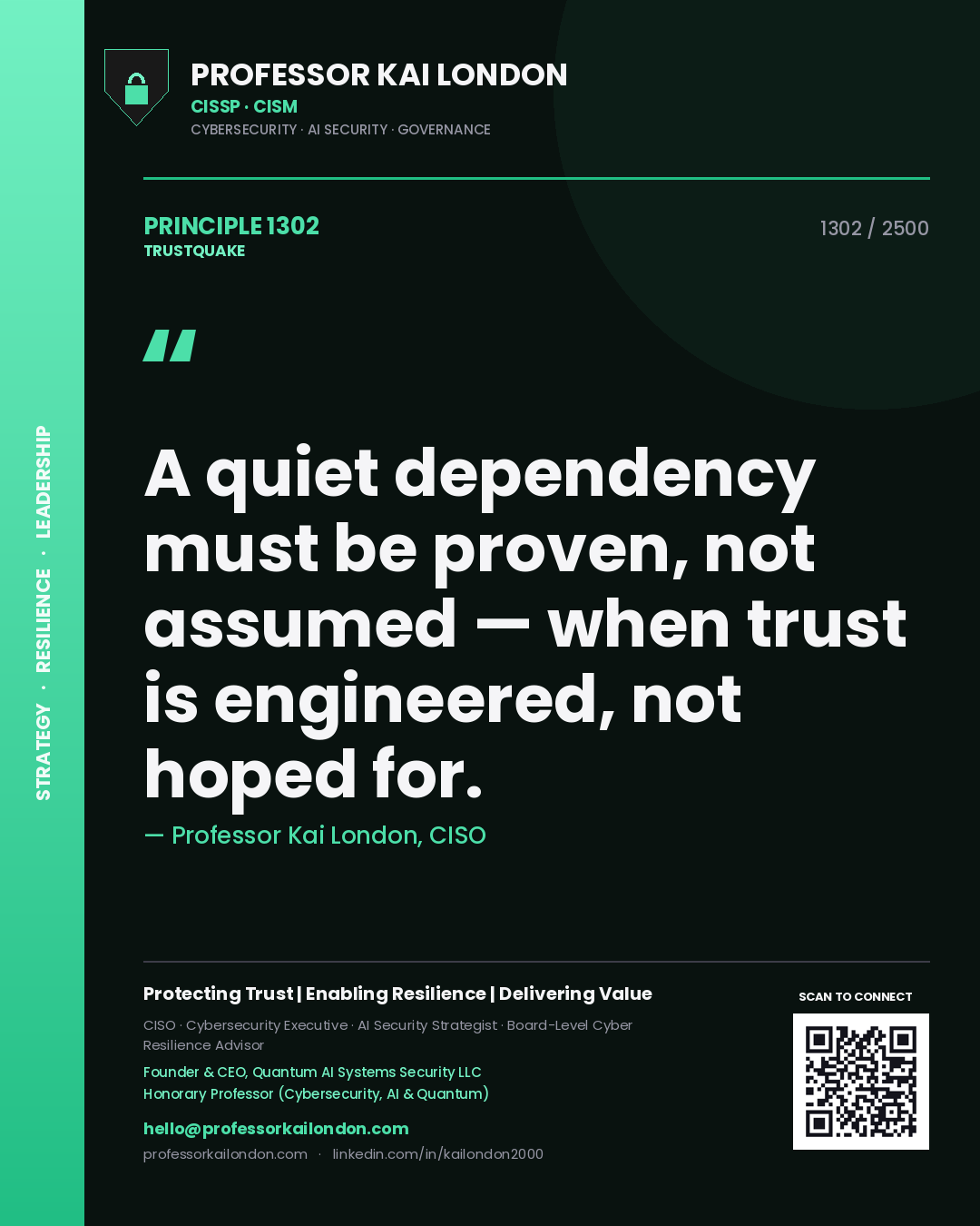 Professor Kai London principle 1302: A quiet dependency must be proven, not assumed — when trust is engineered, not hoped for.