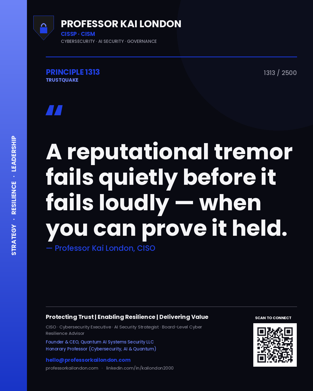 Quote card by Professor Kai London reading 'A reputational tremor fails quietly before it fails loudly — when you can prove it held.'. From the book Trustquake.