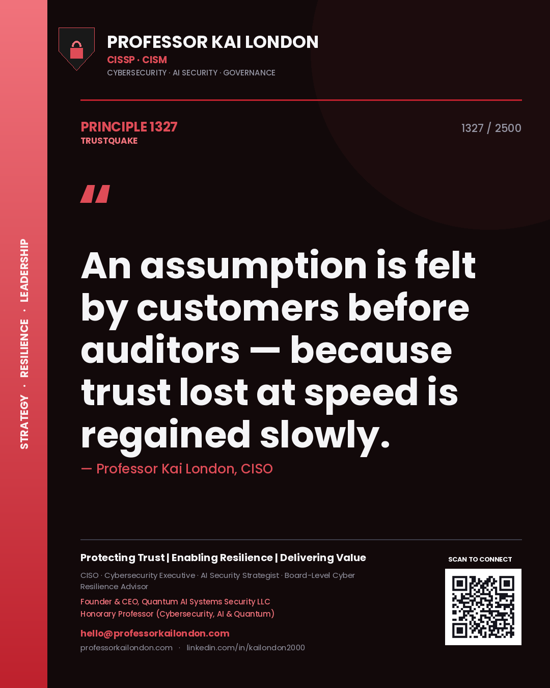 Quote card by Professor Kai London reading 'An assumption is felt by customers before auditors — because trust lost at speed is regained slowly.'. From the book Trustquake.