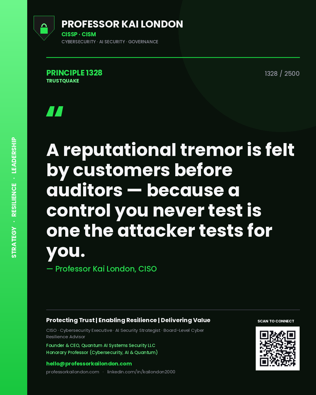 Professor Kai London principle 1328: A reputational tremor is felt by customers before auditors — because a control you never test is one the attacker tests for you.