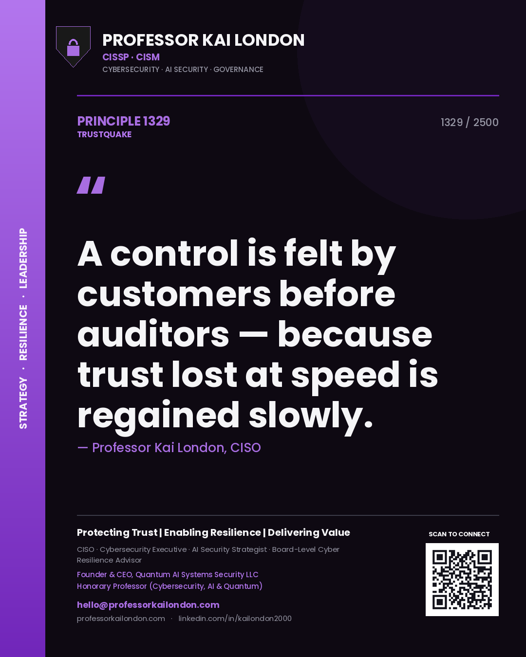 Quote card by Professor Kai London reading 'A control is felt by customers before auditors — because trust lost at speed is regained slowly.'. From the book Trustquake.