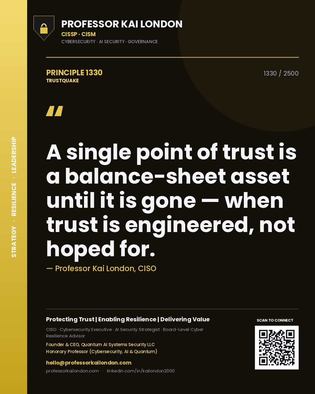 Professor Kai London principle 1330: A single point of trust is a balance-sheet asset until it is gone — when trust is engineered, not hoped for.