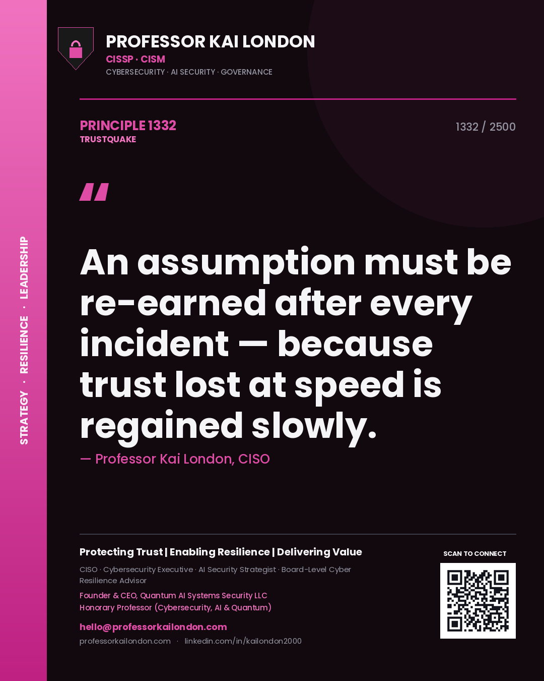 Professor Kai London principle 1332: An assumption must be re-earned after every incident — because trust lost at speed is regained slowly.