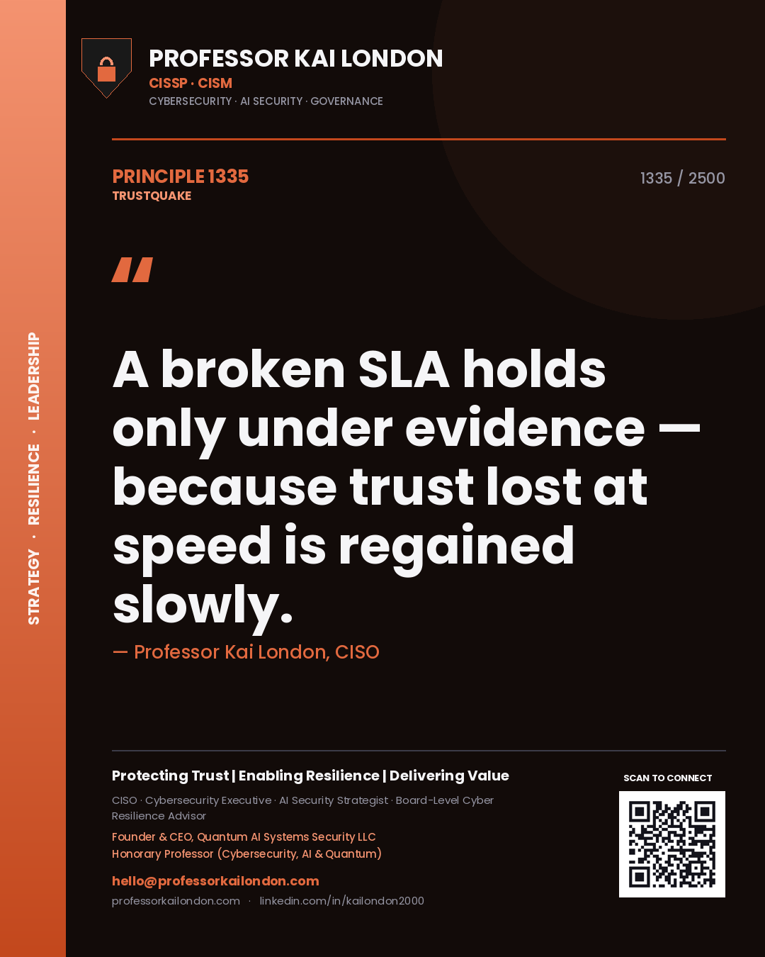 Quote card by Professor Kai London reading 'A broken SLA holds only under evidence — because trust lost at speed is regained slowly.'. From the book Trustquake.