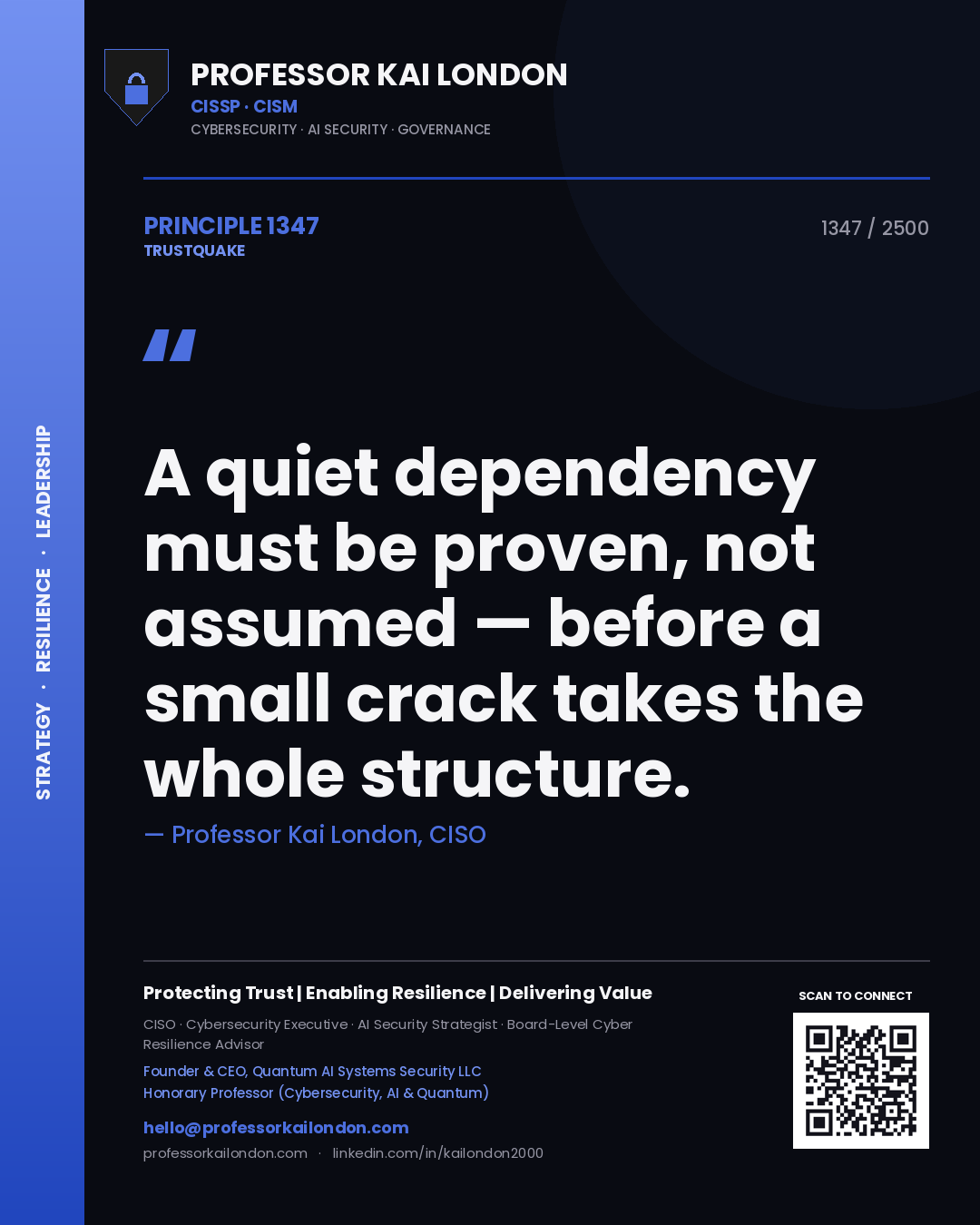 Professor Kai London principle 1347: A quiet dependency must be proven, not assumed — before a small crack takes the whole structure.