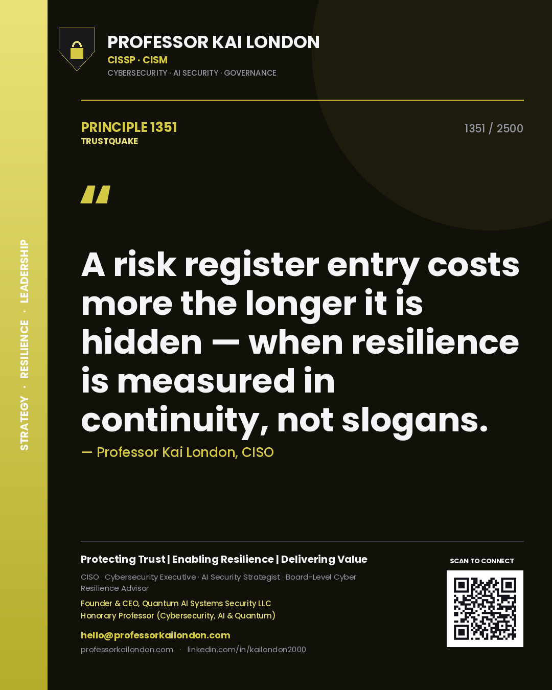 Quote card by Professor Kai London reading 'A risk register entry costs more the longer it is hidden — when resilience is measured in continuity, not slogans.'. From the book Trustquake.