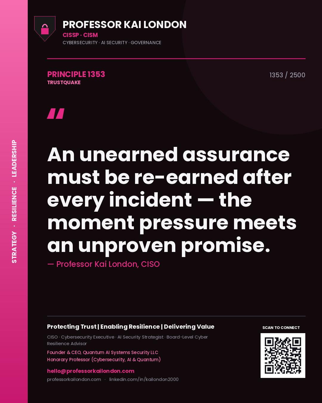 Quote card by Professor Kai London reading 'An unearned assurance must be re-earned after every incident — the moment pressure meets an unproven promise.'. From the book Trustquake.