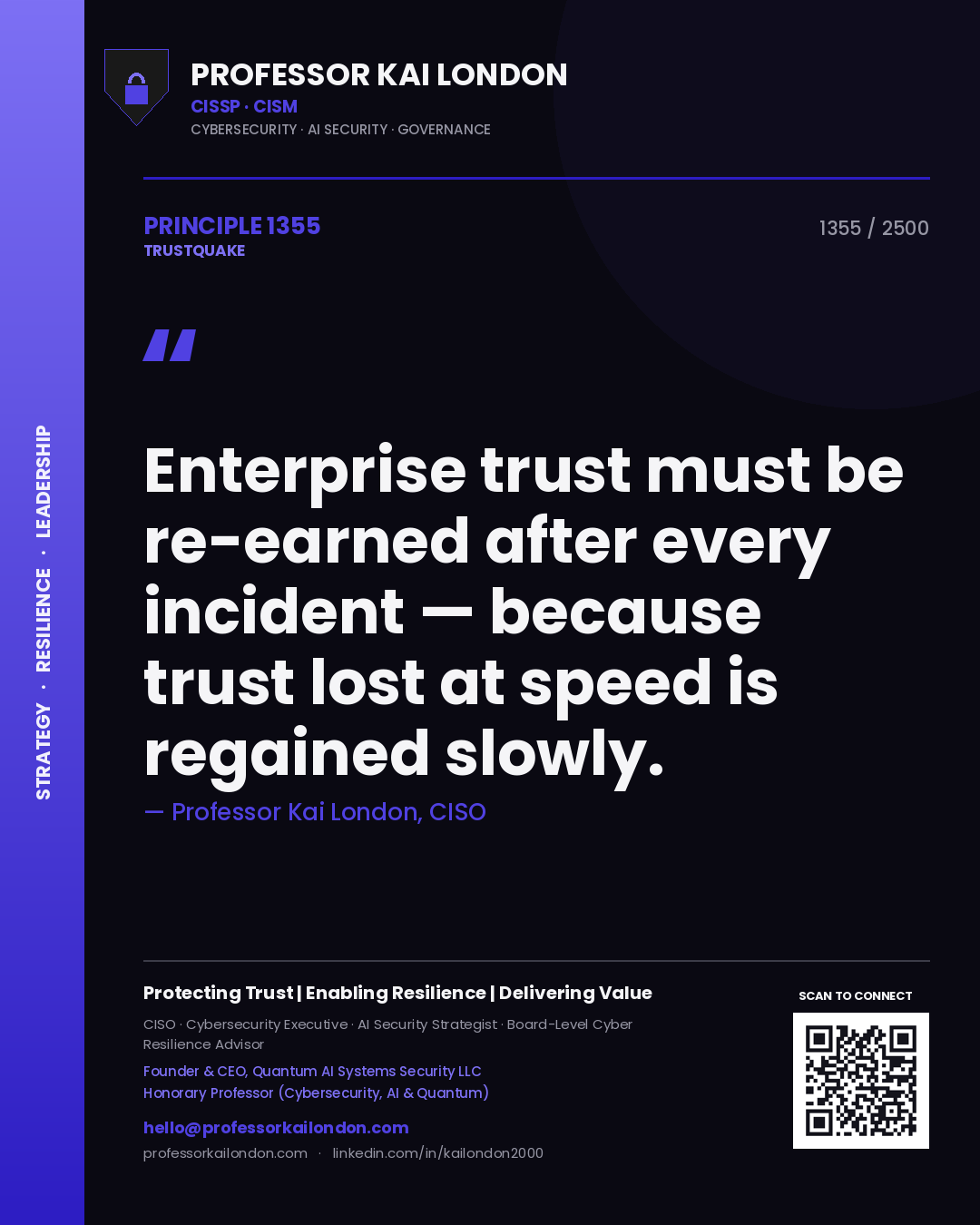 Professor Kai London principle 1355: Enterprise trust must be re-earned after every incident — because trust lost at speed is regained slowly.
