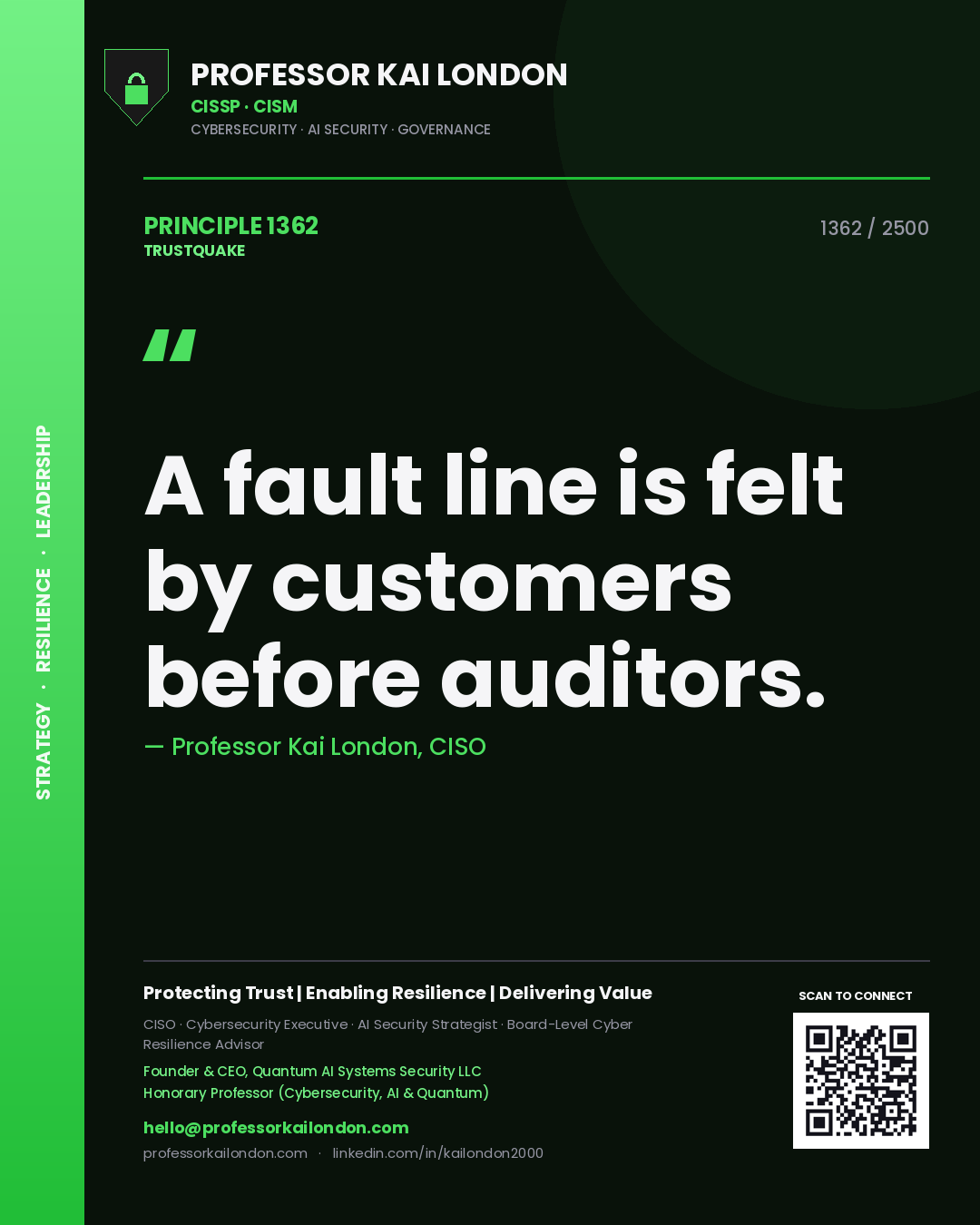 Quote card by Professor Kai London reading 'A fault line is felt by customers before auditors.'. From the book Trustquake.