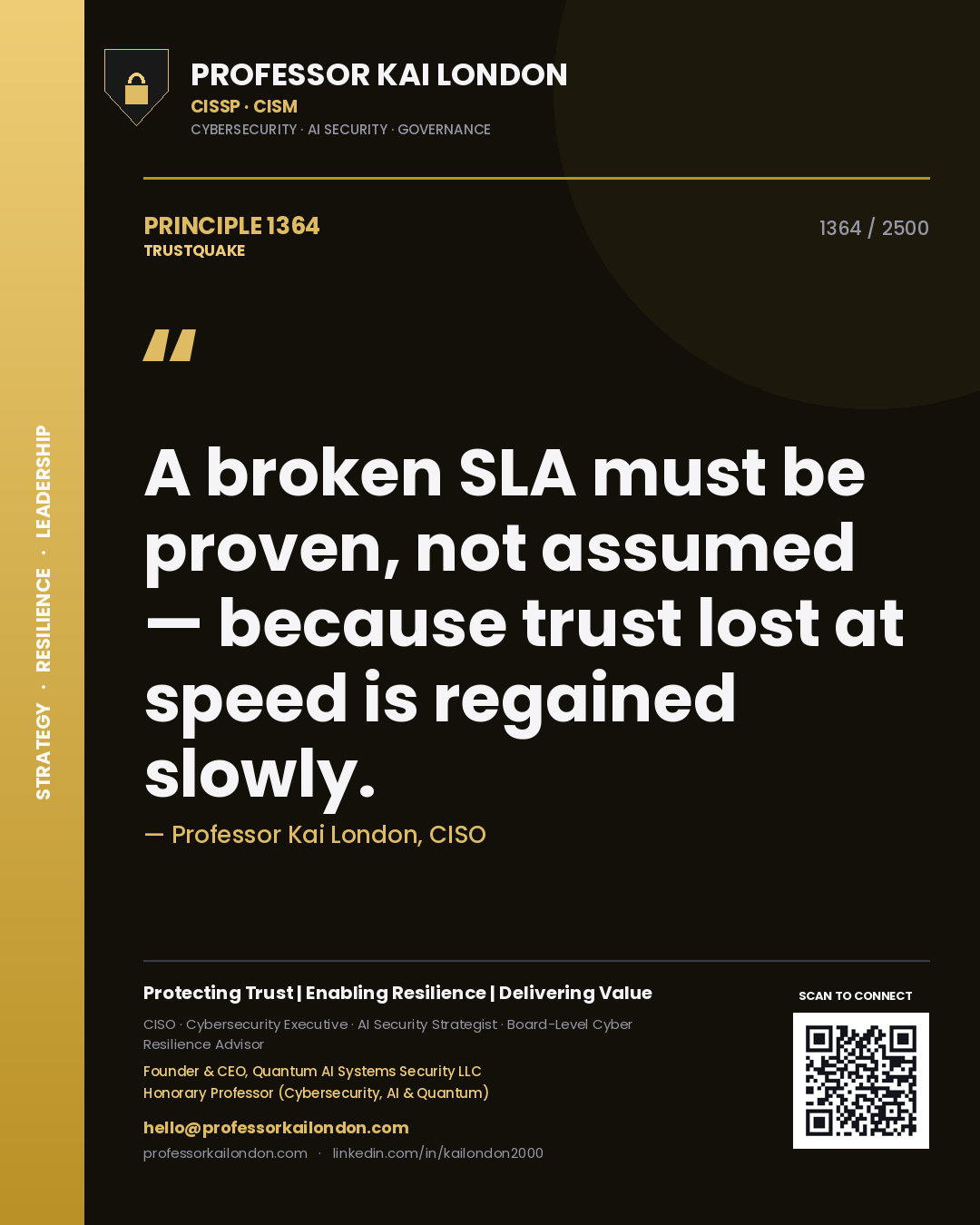 Quote card by Professor Kai London reading 'A broken SLA must be proven, not assumed — because trust lost at speed is regained slowly.'. From the book Trustquake.